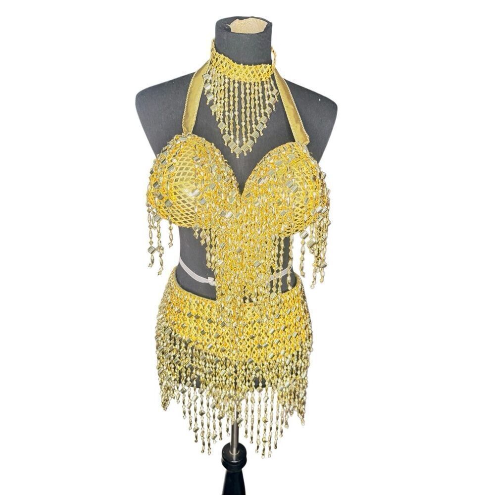Gold Beaded Belly Dance Costume Set Bra & Belt w Necklace, Headpiece & Arm Bands